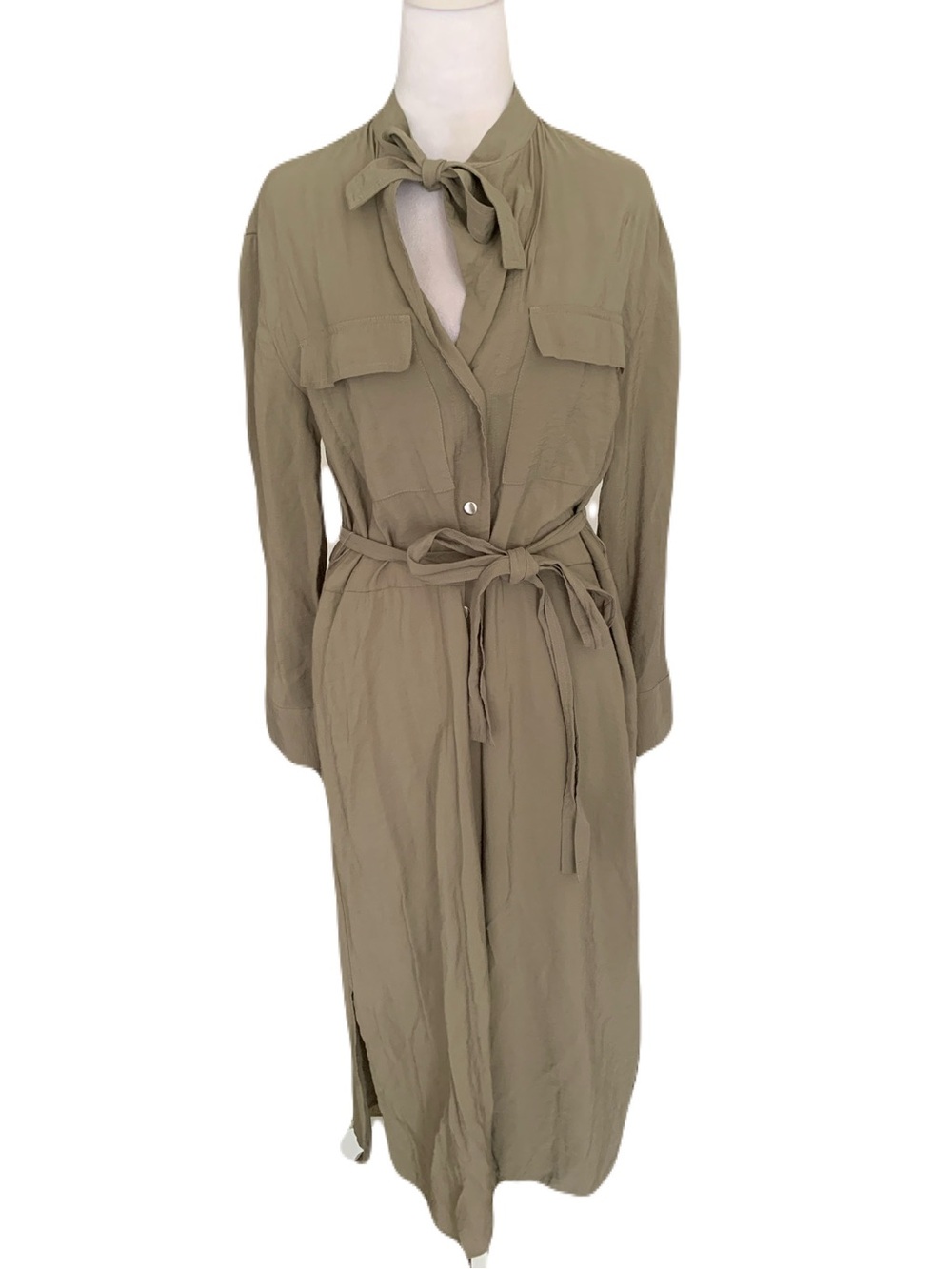 Vince Womems XS Olive Green Snap-Front Belted Waist Tie Midi Shirt Dress